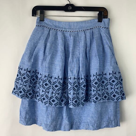 Odille Women's Blue Embroidered Two Tier Print Detail Skirt Size 4 - Picture 1 of 15